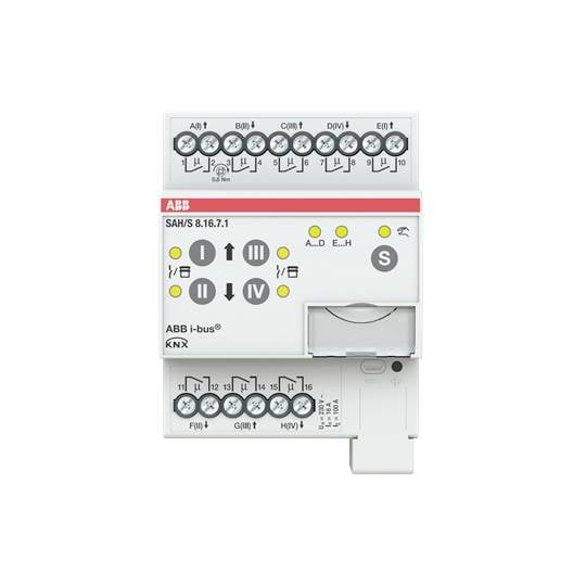 ABB Schakelactor SAH/S 8.16.7.1, 8-voudig, voor KNX-systemen, toont aansluitklemmen, LED's en bedieningselementen voor gebouwautomatisering.
