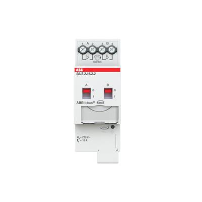 Een ABB KNX-schakelactor met opschrift 'SA/S 2.16.2.2' voor de besturing van elektrische belastingen, twee schakelaars A en B zichtbaar.