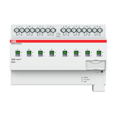 Een KNX-schakelactor van ABB met meerdere groene status-LED's en aansluitklemmen. Modelnummer S/A S.8.16.5.2, geschikt voor gebouwautomatisering.