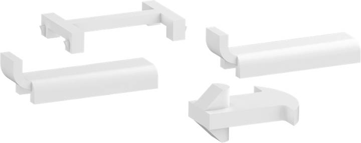 Vier witte, abstracte vormen op een witte achtergrond. Objecten lijken op verschillende geometrische structuren en hoeken.