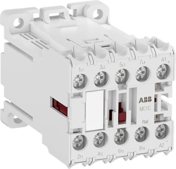 'Witte elektrische magneetschakelaar met meerdere aansluitklemmen, gemarkeerd met 1L, 3L, 5L, 7L en 2T, 4T, 6T, 8T. ABB-merklogo.'