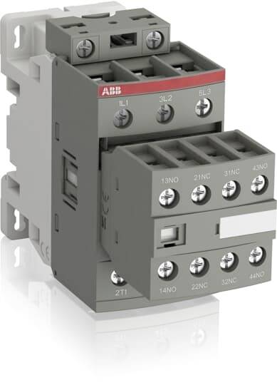 Een elektrische schakelaar in een grijs behuizing met meerdere aansluitklemmen en het opschrift 'ABB'.