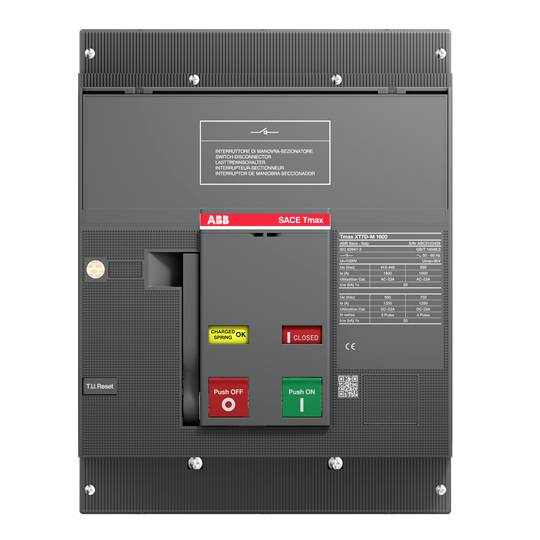 Een vermogensschakelaar van het merk ABB met de aanduiding 'SACE Tmax'. Toont schakelaarconfiguraties 'Lader AAN' en 'Gesloten'.