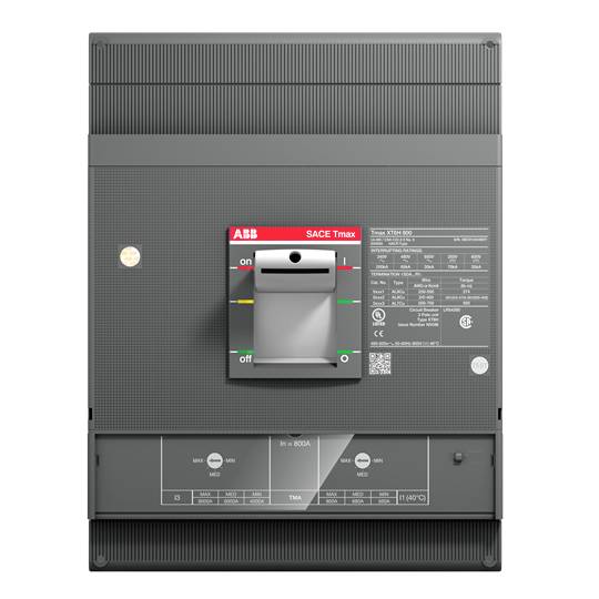 Elektrische vermogensschakelaar in het grijs met ABB-logo en aanduidingen voor aan/uit-schakeling. Technische specificaties zijn herkenbaar.