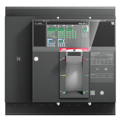 'Elektrische vermogensschakelaar met besturingselementen en indicatoren voor spanning en stroomsterkte, model Tmax van ABB, serienummer zichtbaar.'
