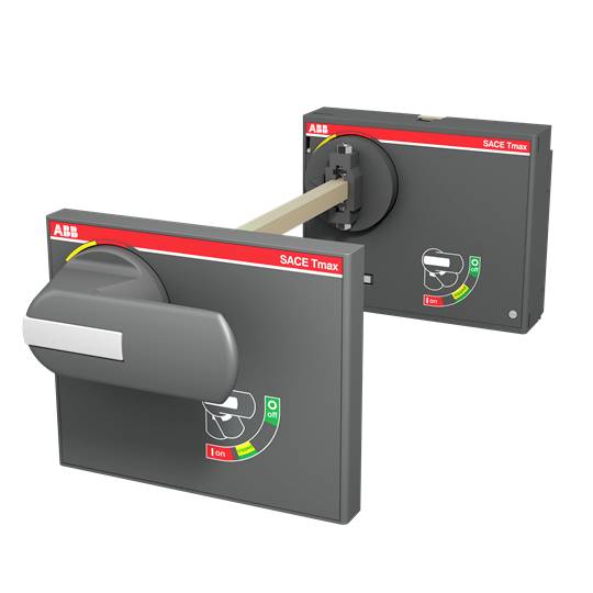 Elektrische vermogensschakelaar van ABB uit de SACE Tmax-serie, toont het in- en uitschakelmechanisme en wijst op de veilige bediening.