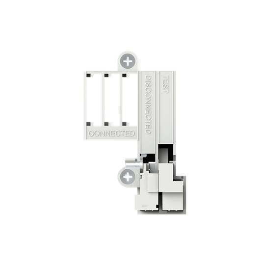 Een witte elektrische schakelaar met de markeringen 'Verbonden', 'Verbroken' en 'Test'. De schakelaar staat op verbonden.