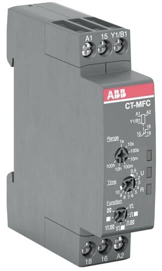 'ABB CT-MFC tijdrelais, modulair, met instelbare tijdbereiken en functies. Aansluitklemmen bovenaan, zwarte behuizing.'