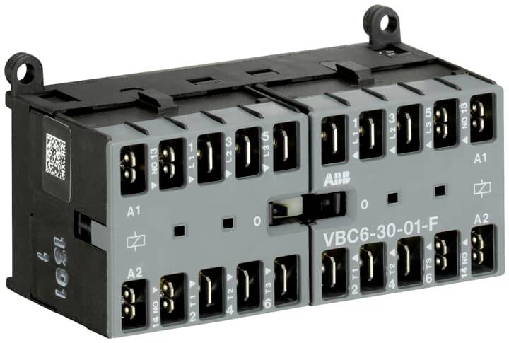 'Een zwarte elektrische schakelmodule met meerdere aansluitingen en het opschrift VBC6-30-01-F.'