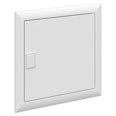 Grijze inspectieluik ingewerkt in de muur, vierkant, met rechthoekig handvat in de linkeronderhoek.