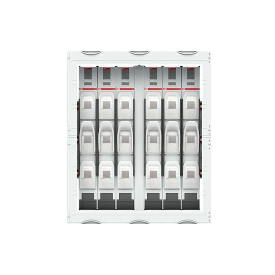 Een elektrische zekeringkast met meerdere witte schakelaars in twee verticale rijen, in een rechthoekige behuizing.