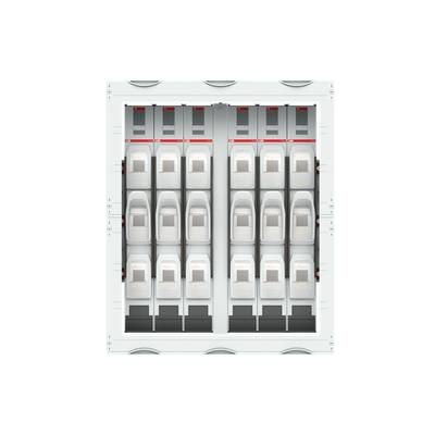 Een elektrische zekeringkast met meerdere witte schakelaars in twee verticale rijen, in een rechthoekige behuizing.