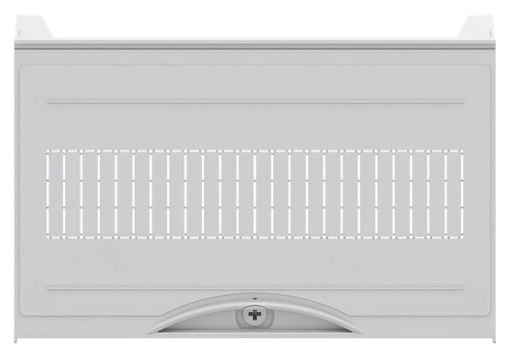 Grijze lade met horizontale ventilatiesleuven en een slot in het midden.