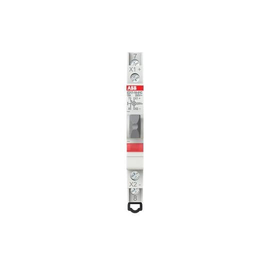 Een smal, wit schakelaar van ABB met rode en zwarte markeringen, gebruikt voor elektrische toepassingen.