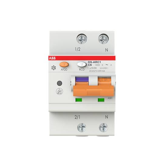 Een elektronische beveiligingsschakelaar van wit plastic met een oranje hendel en meerdere aansluitingen. Merknaam en technische gegevens bovenaan.