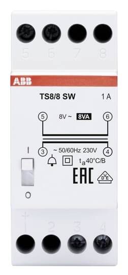 Een elektrische schakelactor met vijf aansluitklemmen, met technische specificaties: 8V, 8VA, 1A, 50/60Hz, 230V, voor schakelkasten.