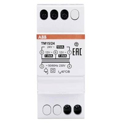 'ABB TM15/24' Transformator voor DIN-railmontage, ingang 230V bij 50/60Hz, uitgang 12V en 24V, nominaal vermogen 15VA.