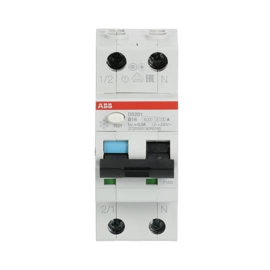 ABB-installatieautomaat, model DS201, voorzien van technische specificaties zoals stroomsterkte, spanning en testknop.