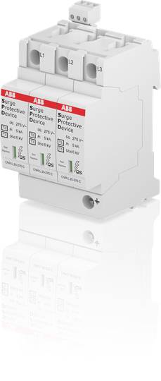 Een ABB-overspanningsbeveiliging met drie fasen (L1, L2, L3) beschermt elektrische installaties tegen spanningspieken.