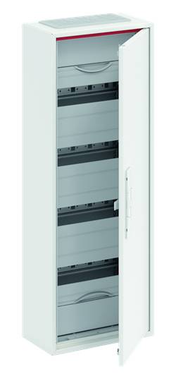 Een open, witte schakelkast met meerdere horizontale rails aan de binnenkant. Deuren staan op een kier. Apparatuur voor elektrische installatie.