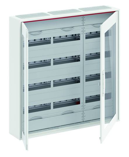 Een geopende elektrische verdeelkast met meerdere lege rijen voor zekeringen of schakelaars.
