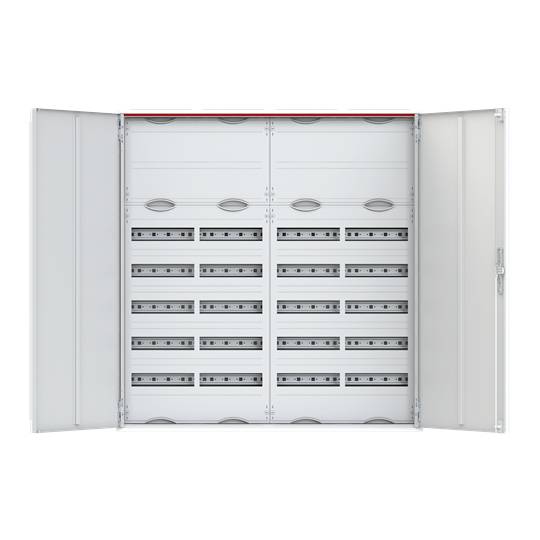 Een open elektriciteitskast met meerdere rijen schakelaars en zekeringen, symmetrisch gerangschikt.