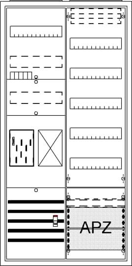 'Elektriciteitskast-schema met verschillende schakelaars, zekeringen en een gemarkeerd gebied met de aanduiding APZ.'