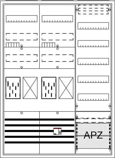 Diagram van een schakelkast met verschillende componenten en labels, inclusief een gemarkeerd gebied met 'APZ'.