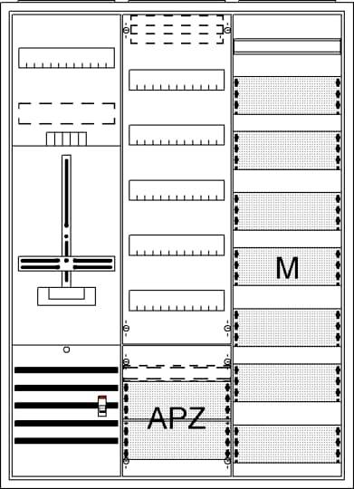 Schakeltekening van een elektrische verdeler met gelabelde secties 'M' en 'APZ'. Toont de rangschikking van componenten en aansluitplaatsen.