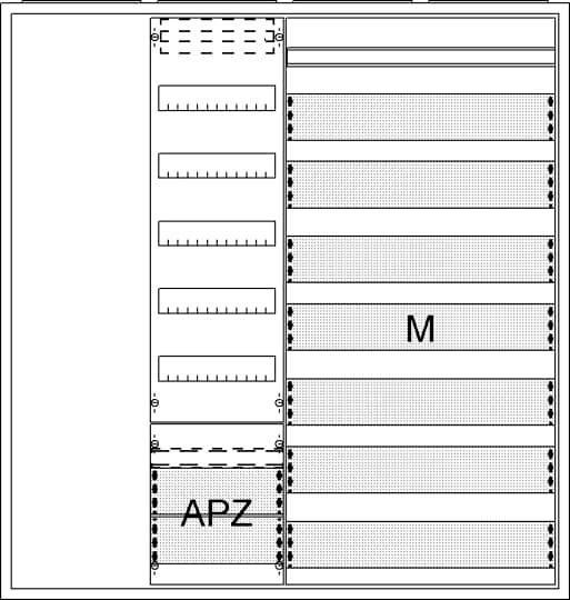 Diagram van een schakelkast met secties 'APZ' en 'M', die verschillende compartimenten voor elektrische componenten tonen.