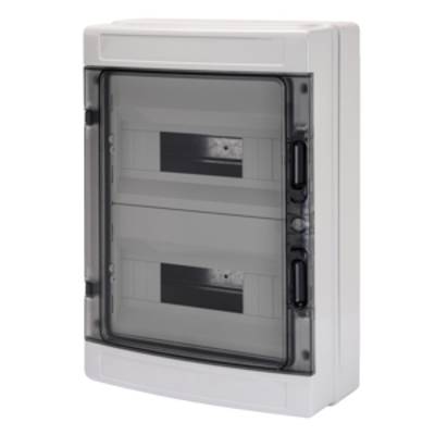 Elektrische verdeelkast met een grijze, transparante deur. Geschikt voor gebruik binnenshuis; biedt bescherming en organisatie voor elektrische schakelingen.
