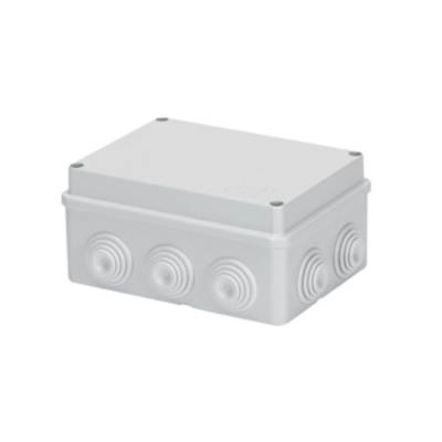 Een witte, rechthoekige kunststof elektro-installatiedoos met verwijderbare zijkappen aan drie zijden voor kabeltoevoer.