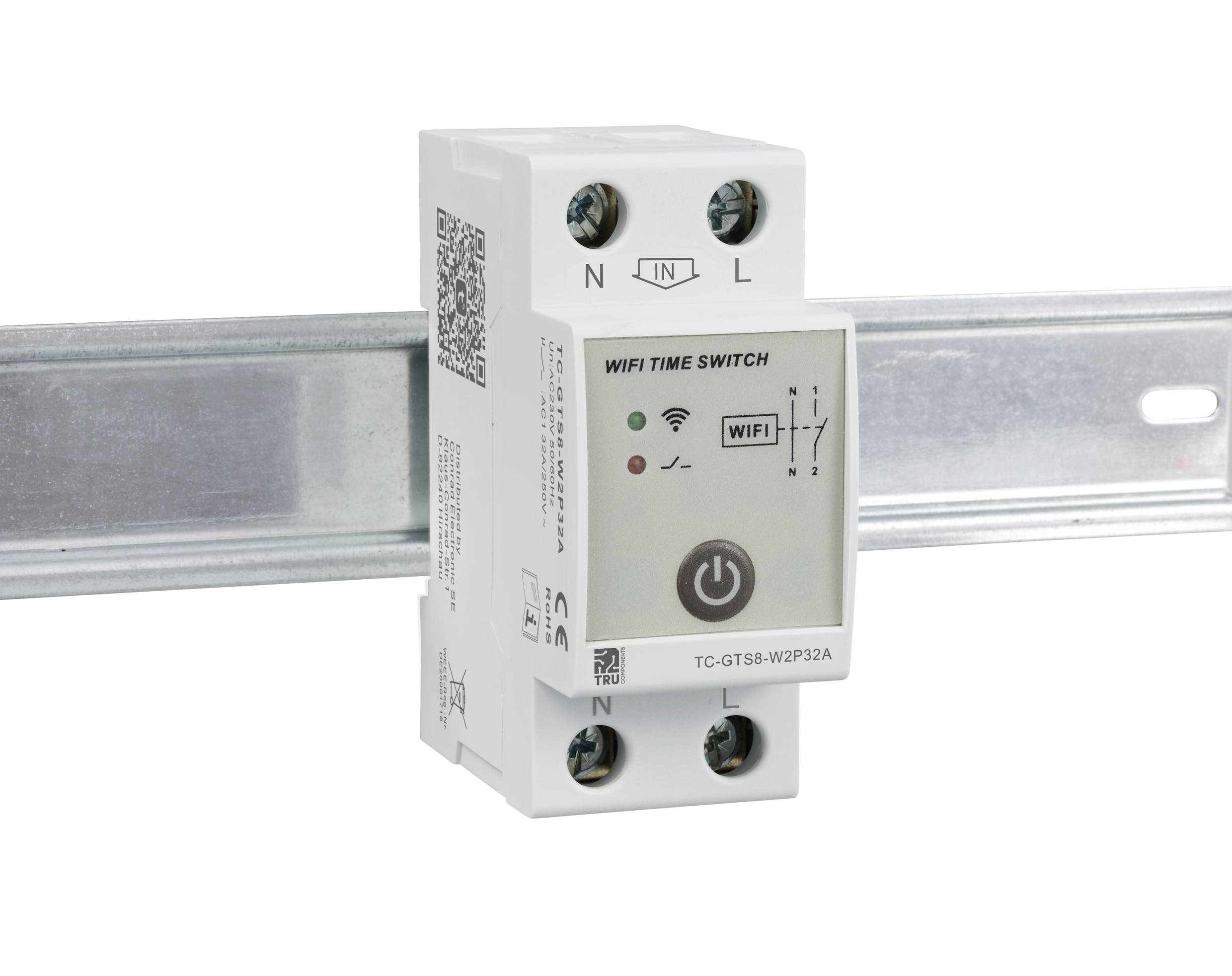 Een WiFi-tijdschakelaar gemonteerd op een DIN-rail, met LED-indicatoren voor WiFi en tijdsturing. Geschikt voor gebruik in elektrische schakelkasten.