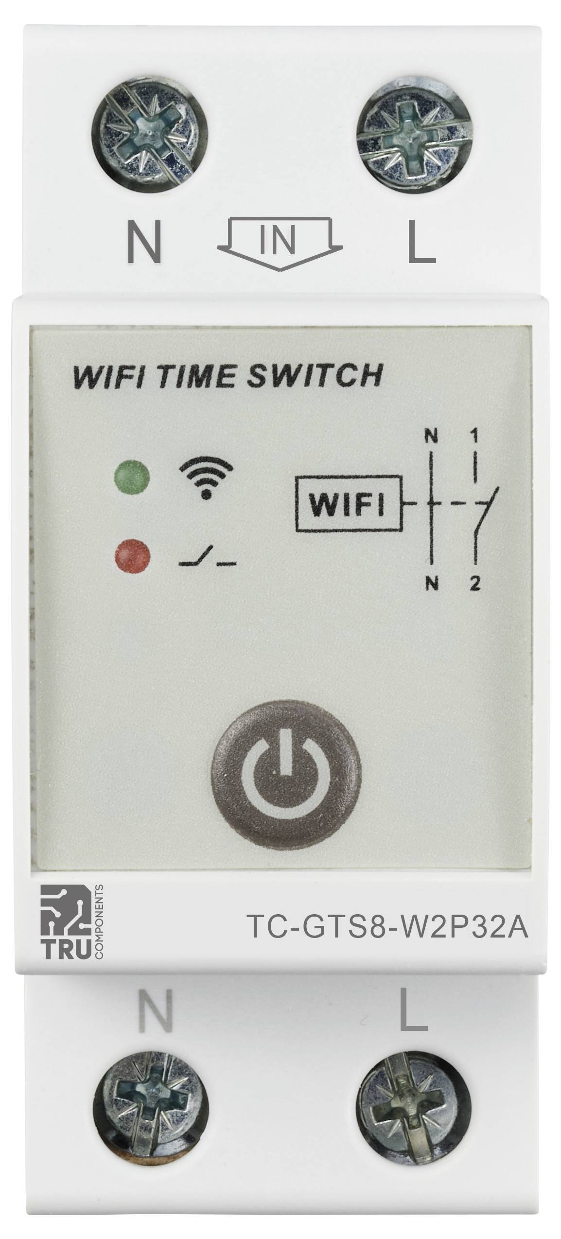 WiFi-tijdschakelklok, wit rechthoekig apparaat met aan-/uitknop, WiFi-indicator en statuslampjes. Boven "IN", onder "N" en "L"-aansluitingen.