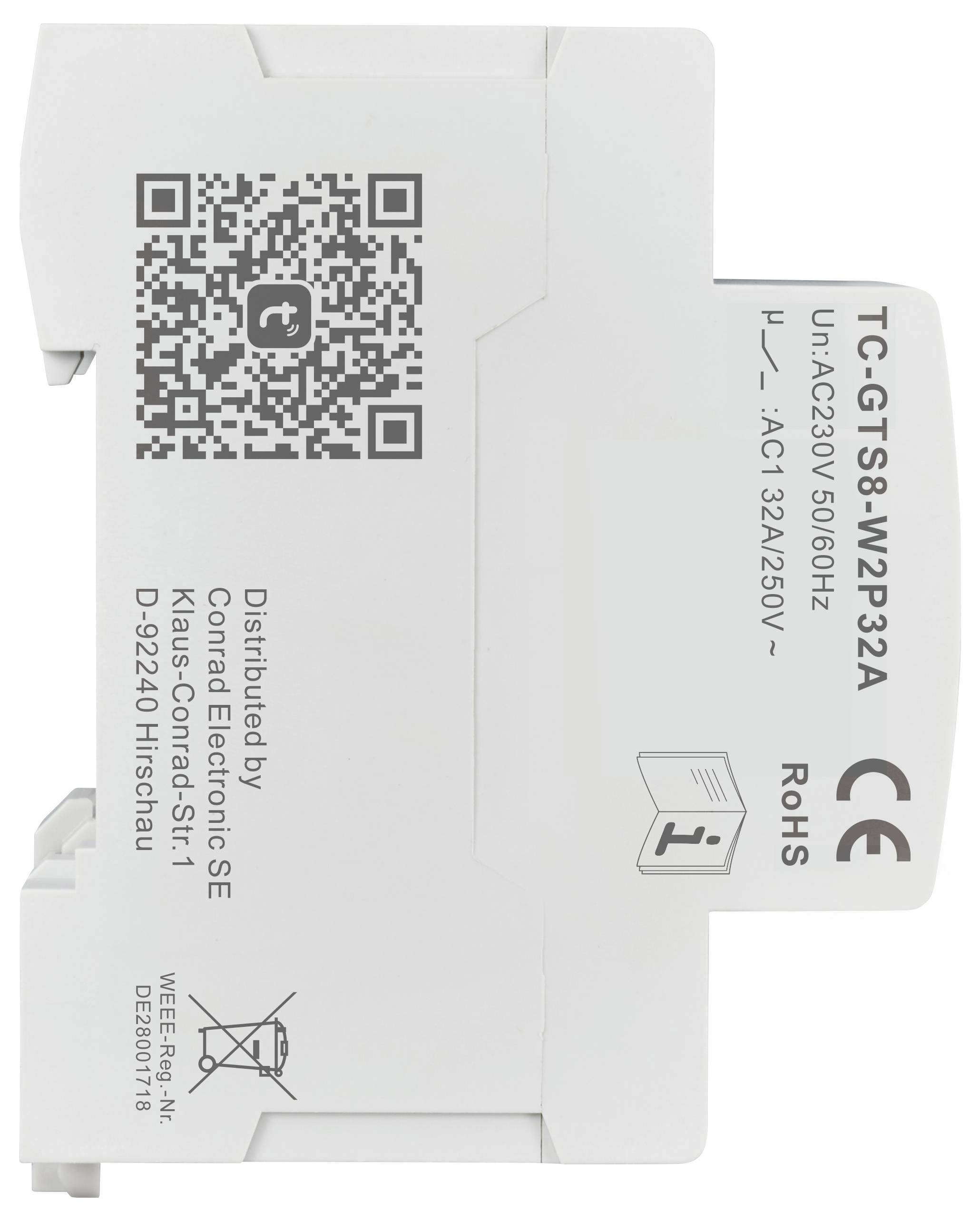 Een wit elektrisch apparaat met QR-code en technische specificaties: Model TC-GTS8-WP32A, geschikt voor 230V/50Hz, 32A/250V.