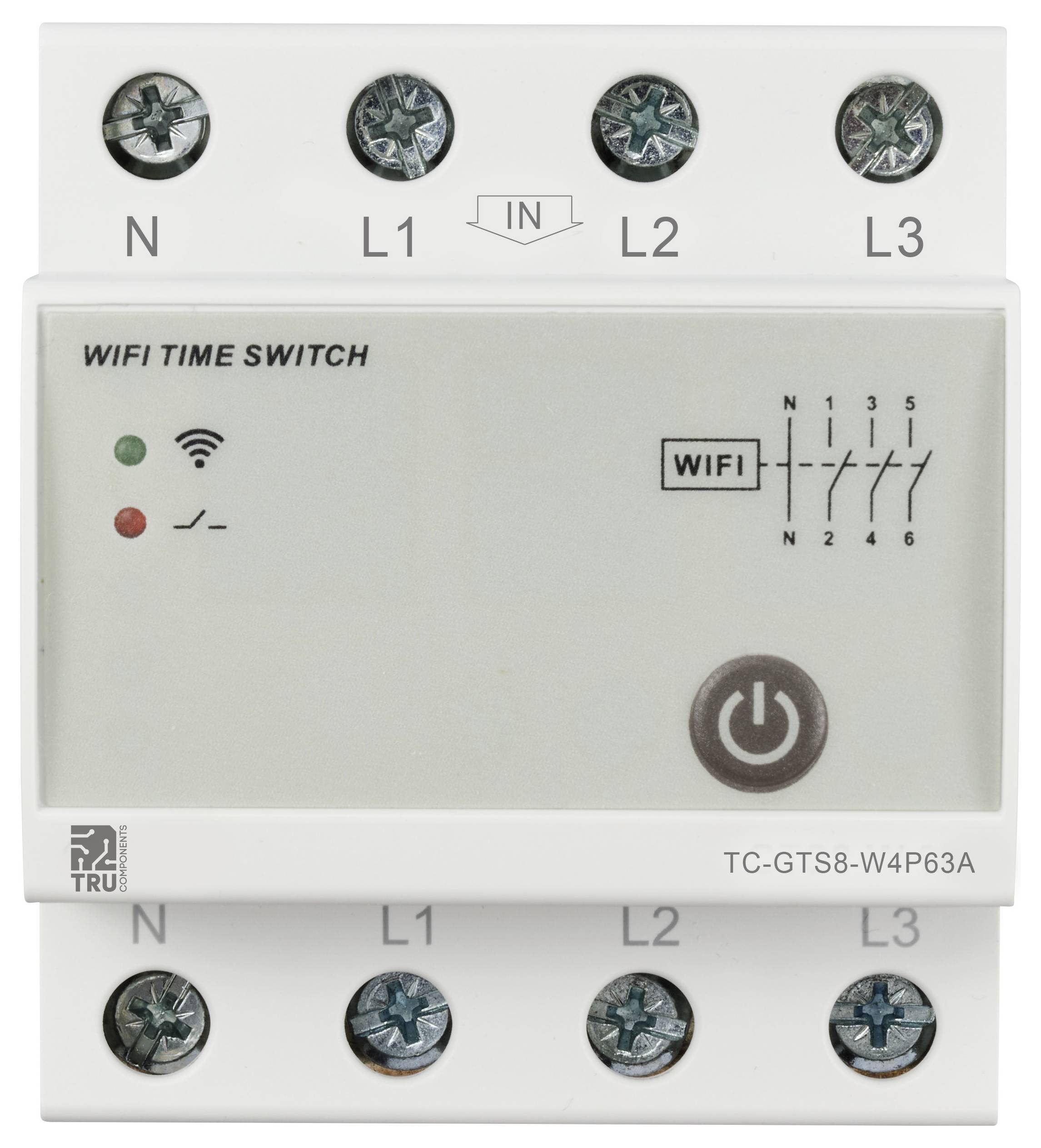 Een WiFi-tijdschakelaar met aansluitingen N, L1, L2, L3 boven en onder. Toont WLAN-signaalstatus en aan/uit-knop. Model: TC-GTS8-W4P63A.