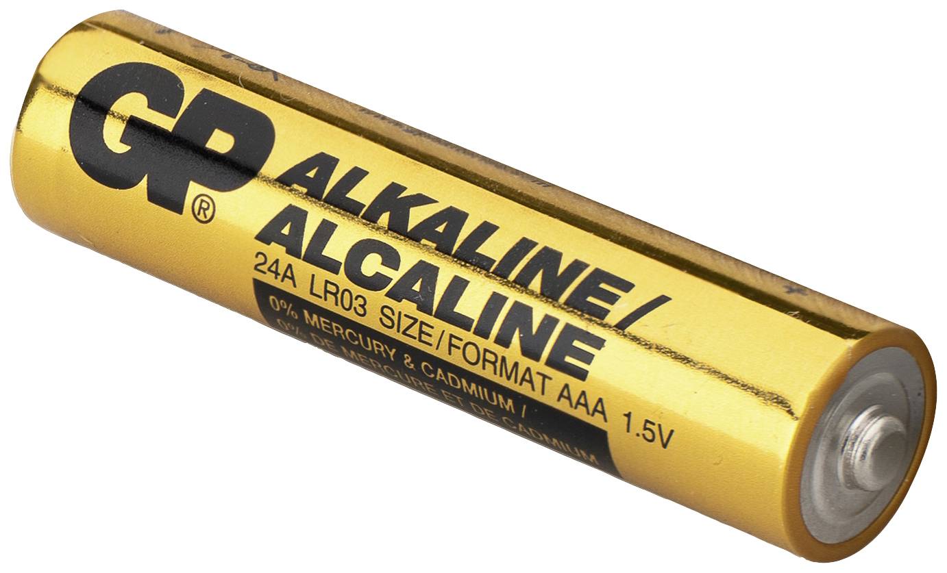 Een gouden AAA-alkaline batterij met het opschrift 'GP Alkaline', '24A LR03', en '0% Kwik & Cadmium', 1,5V.