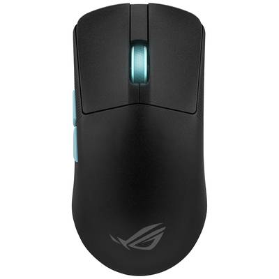 Zwarte gaming-muis met een blauw verlicht wiel en twee zijtoetsen, geschikt voor nauwkeurige besturing bij computerspellen.