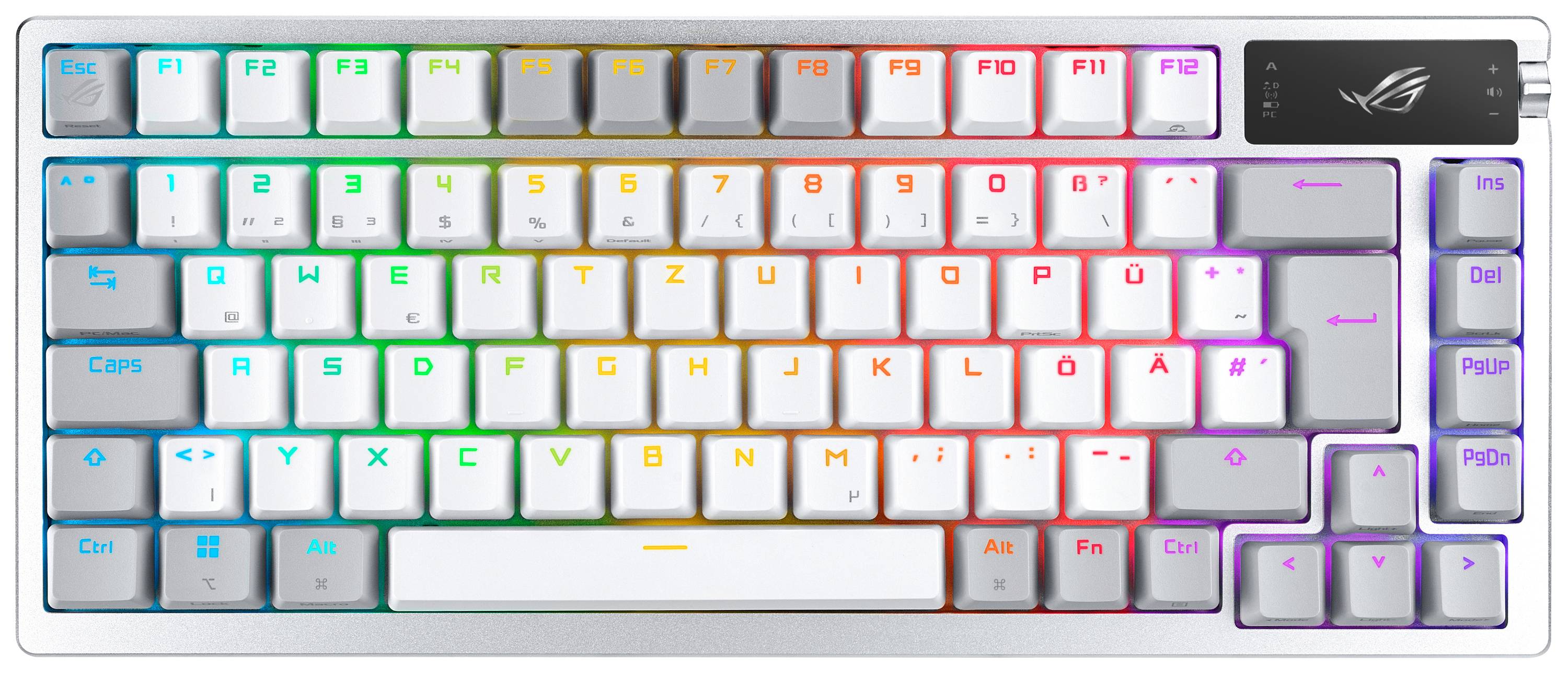 Witte gaming-toetsenbord met RGB-achtergrondverlichting, toont een standaard toetsindeling zonder numeriek toetsenblok.
