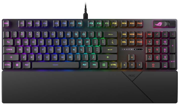 Mechanisch toetsenbord met RGB-verlichting, QWERTZ-indeling en een aangesloten kabel, gefotografeerd van bovenaf.