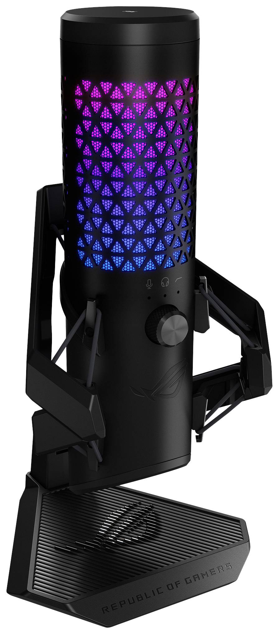 Een stijlvolle gaming-router met een zeshoekig patroon en gekleurde LED-verlichting. ROG-logo zichtbaar op de voet.