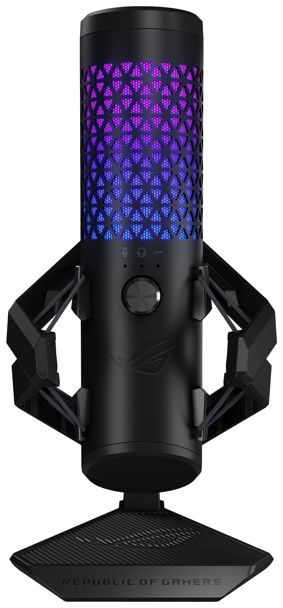 Een zwarte gaming-microfoon met RGB-verlichting, gemonteerd op een standaard. Het heeft een futuristisch, geometrisch ontwerp.