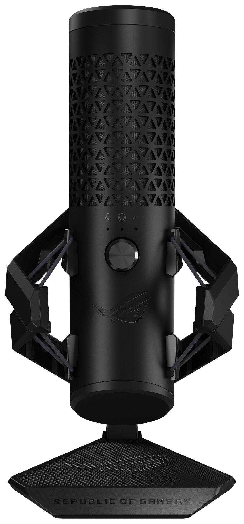 Zwart gaming-microfoon met zeshoekig patroon, centrale volumeregelaar en logo op de voet.