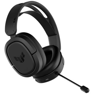 Zwart gaming-headset met microfoon, gevulde oorkussens, TUF Gaming-logo zichtbaar, USB-aansluiting onderaan.