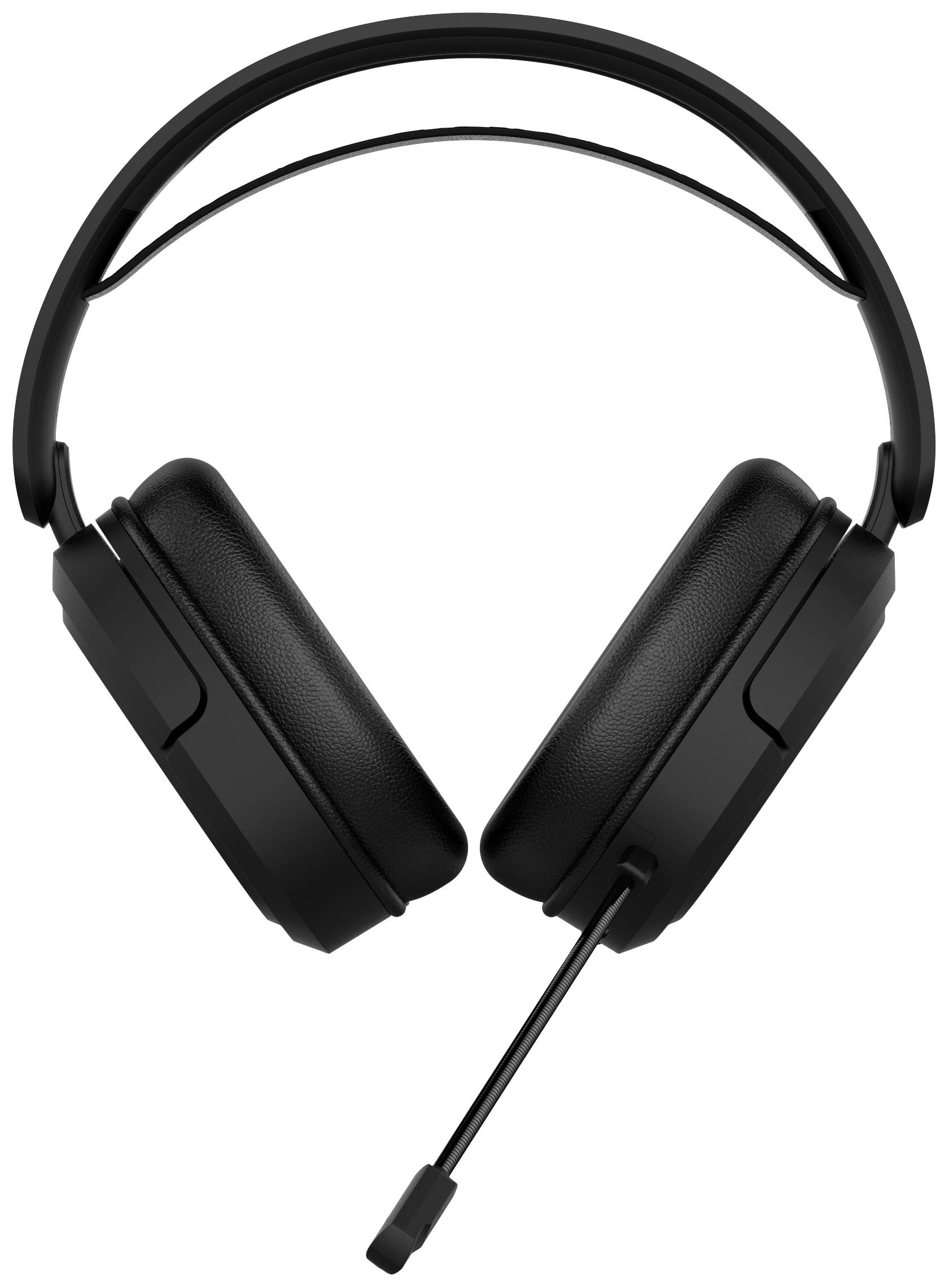Zwart gaming-headset met microfoon, frontaal afgebeeld. Geschikt voor computerspellen en online communicatie.
