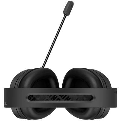 Zwarte over-ear koptelefoon met geïntegreerde microfoon, frontaal gefotografeerd. Geschikt voor gaming en online communicatie.