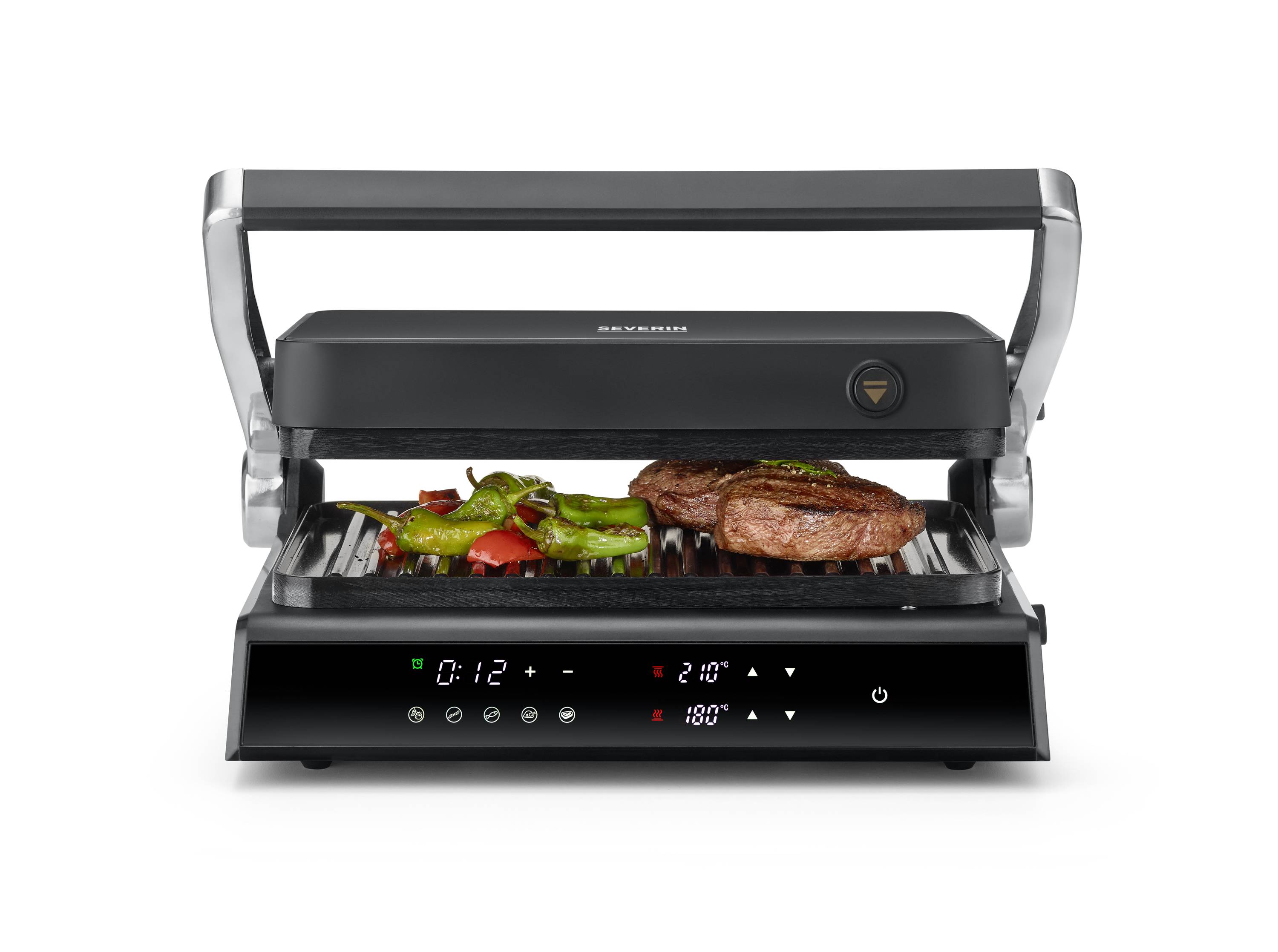 Een tafelgrill met twee gegrilde steaks en paprika's op de grillplaat. Een digitaal display toont de temperatuur.