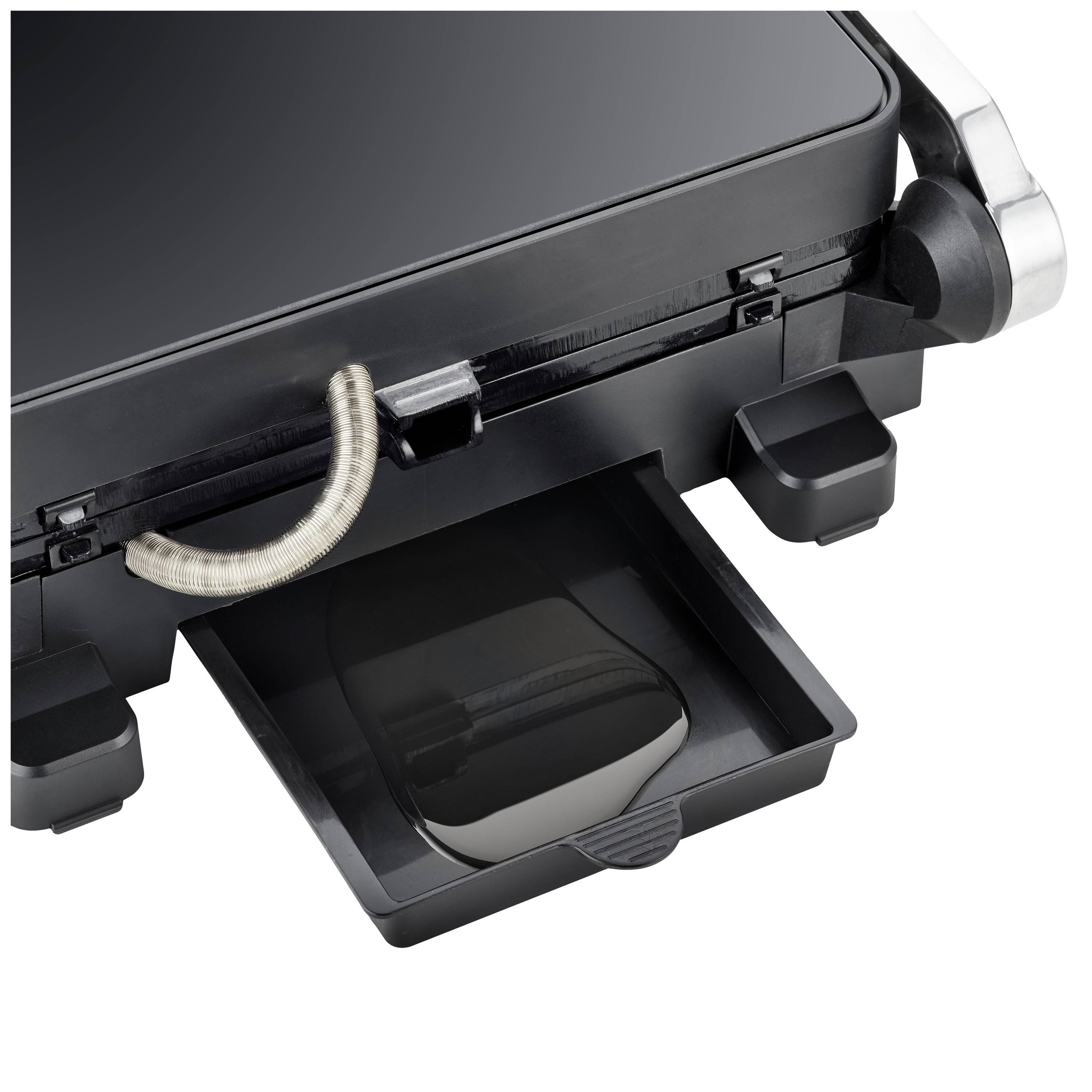 Een grilltoestel met uitneembare vetlade. Het oppervlak is glad en voorzien van metalen details. Geschikt voor gezond grillen.