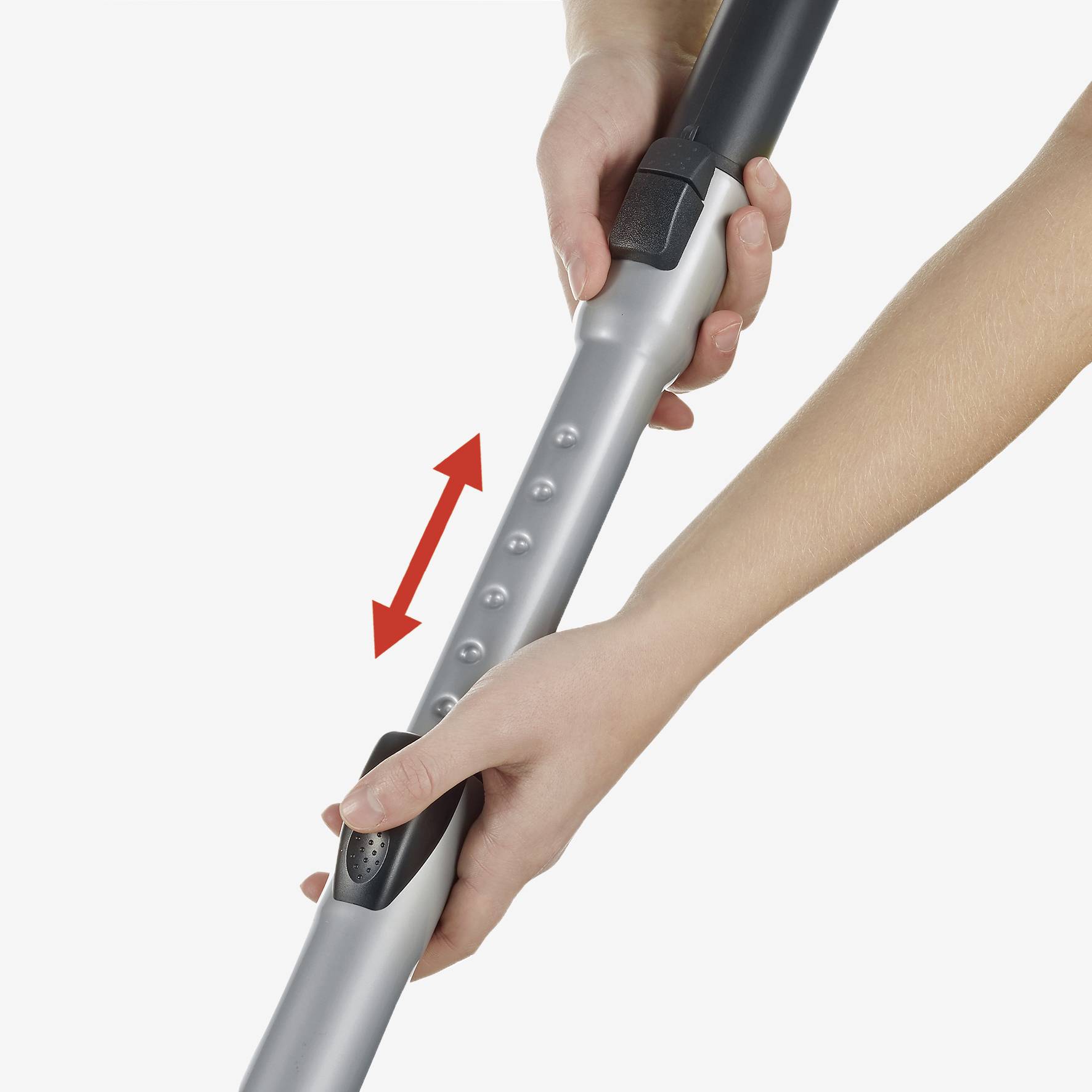 Een hand stelt de lengte van een telescoopstang bij door op een knop te drukken. Een rode dubbele pijl toont de bewegingsrichting.