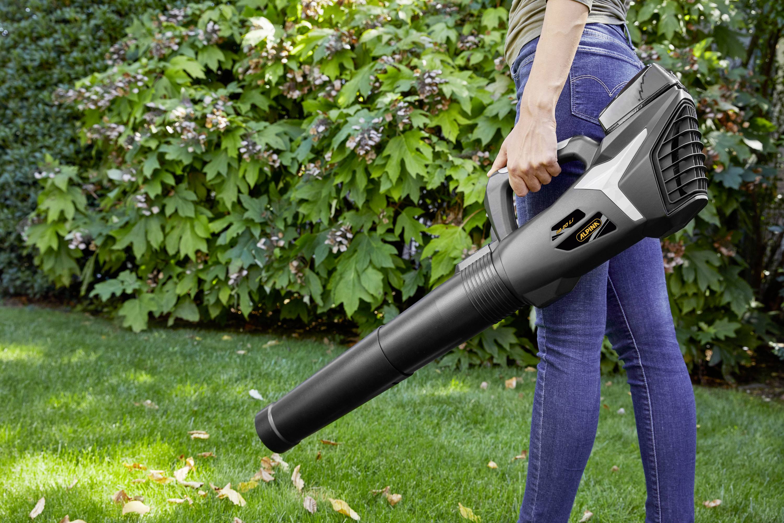 Een persoon blaast bladeren in de tuin met een bladblazer. Achtergrond toont groene planten. Breed grasveld op de voorgrond.